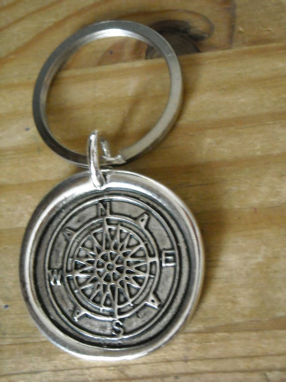New SET Silver Large COMPASS Key RING New Wax Seal Design