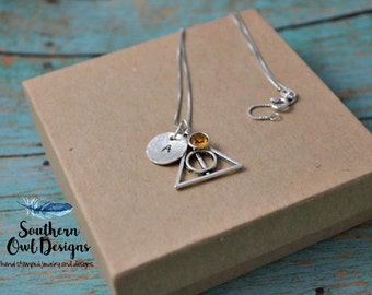 personalized deathly hallows necklace, harry potter inspired jewelry, custom deathly hallows necklace, geek girl necklace