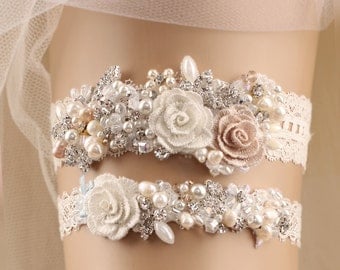 wedding garter set, bridal garter set, lace garter set, white garter set, rhinestone garter, toss garter, pearl garter, beads garter