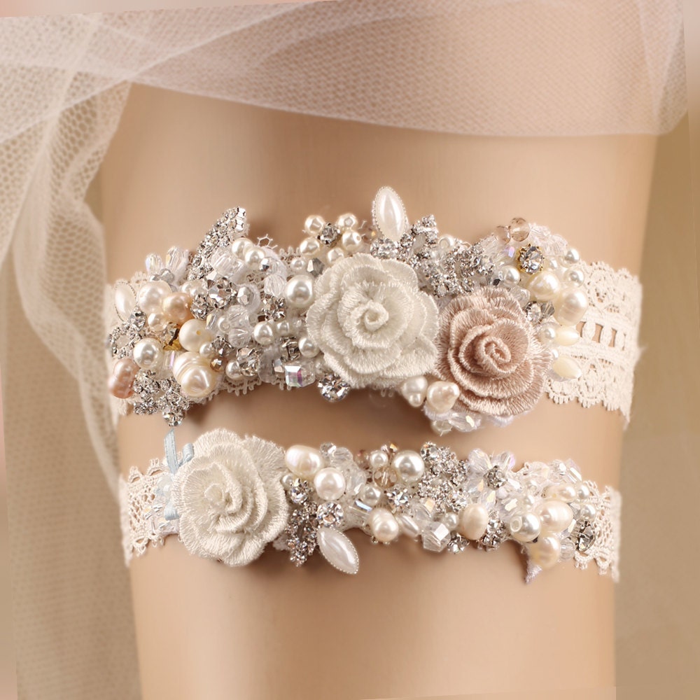 2pcs Bride Wedding Garter Blue Lace Floral Garters Stretch
