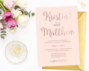 Pink Rose Gold Wedding Invitation, Printable Wedding Invitation, Blush Pink Rose Gold Wedding Invitation, Faux Rose Gold Foil Wedding RGBW