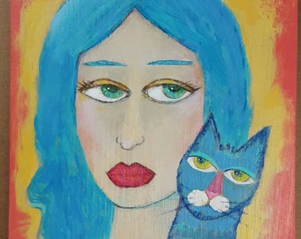 Small Original Painting Kitty Cat Blues on Rustic Wood - Free Shipping US