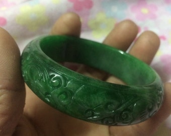 Natural green jade bangle flower bangle size 58mm Width 16mm