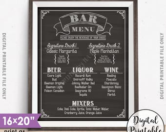 Bar Menu Sign, Wedding Bar Menu Sign, Birthday Drinks Menu, Anniversary, Retirement, Graduation, 8x10/16x20” Chalkboard Style Printable Sign