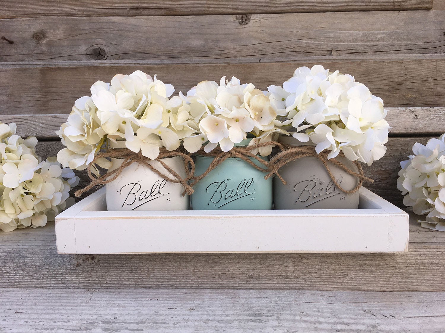Rustic Tray with 3 Painted Mason Jars Farmhouse Living Room Rustic Tray with 3 Painted Mason Jars Farmhouse Living Room