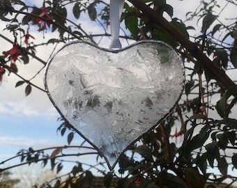 Hand made large heart suncatcher made with lovely patterned etched clear recycled glass. Anniversary gift. Garden Decoration.
