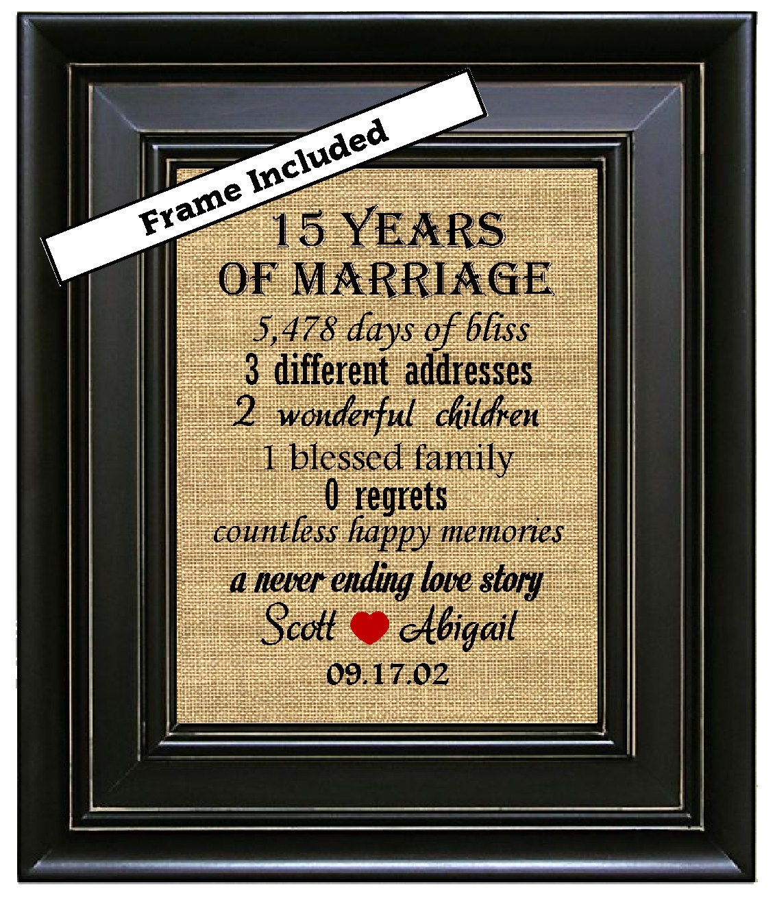 Personalized FRAMED 15th Anniversary Gift Burlap Wall