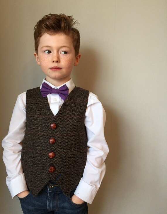 Boys waistcoat handmade in a brown herringbone tweed with over
