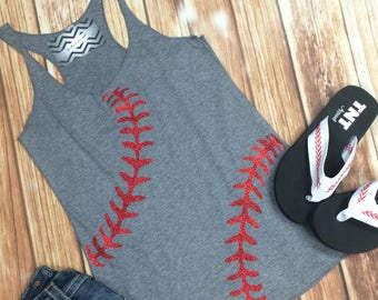 Baseball Tank Top. Baseball mom. Heather Grey Racerback. Relaxed Fit. Red Baseball Laces.