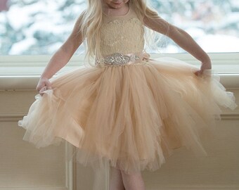 Champagne Lace Flower girl dress, White Tulle flower girl dresses,rustic flower girl dress,infant Toddler Girl dresses, flower girl dresses.