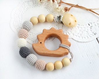 Pacifier Clip Neutral color - Grey Cream Beige - Hedgehog Pendant - Heart - Elephant Neutral color Safe for teething baby Baby shower gift