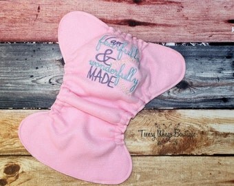 Custom embroidered I am fearfully and wonderfully made fleece diaper cover. Cloth diaper, diaper cover, fleece cover, night time diaper