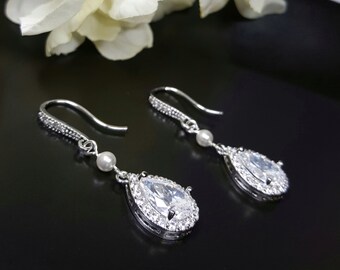 Swarovski Pearl Earrings, Crystal Teardrop Earrings, Nickel Free Ear Wires, Cubic Zirconia Bridal Earrings, Wedding Jewelry Bridesmaid Gift
