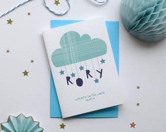 Personalised new baby card, congratulations card, New Born Card, new baby boy card, new baby girl card, Blue or Pink, Name card, cloud card
