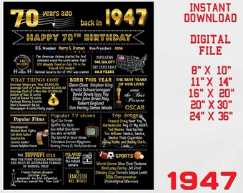 70th Birthday Poster, Chalkboard Poster Gold, Back in 1947, 70 Years Ago, Birthday Gift, Chalk Blackboard DIGITAL FILE Instant download d1-2