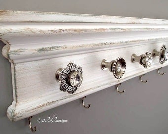 Jewelry Storage, Distressed White Organizer, Necklace Wall Hanger, 22" Faux Painted Decor, Holder with Knobs, Bedroom Housewarming Gift