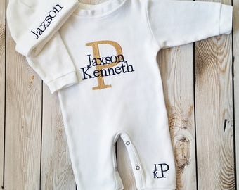 Monogrammed Baby Boy Outfit Baby Boy Coming Home Outfit Newborn Baby Boy Personalized Baby Gift Embroidered Baby Boy