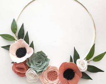 FELT FLOWER WREATH // Modern Wreath // Gold Hoop Wreath // Wall Art // Floral Wreath // Peach + Blush // Roses + Anemones // Succulents