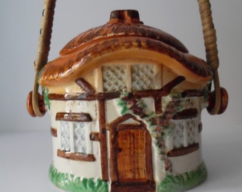 Vintage ceramic biscuit barrel. Cottage shaped biscuit jar. Burlington ware Pottery biscuit barrel. Retro Homewares.