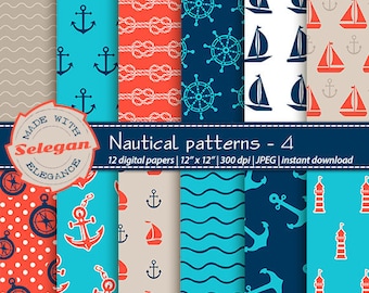 nautical scrapbook paper " Nautical Patterns -4 " Nautical Digital Paper,Sea Digital Paper,Nautical Background,Printable Nautical Paper