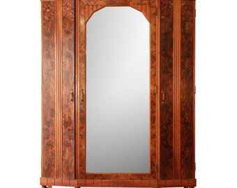 Vintage French Art Deco Burl Wood Mirrored Front Knockdown Wardrobe / 1930s French Armoire