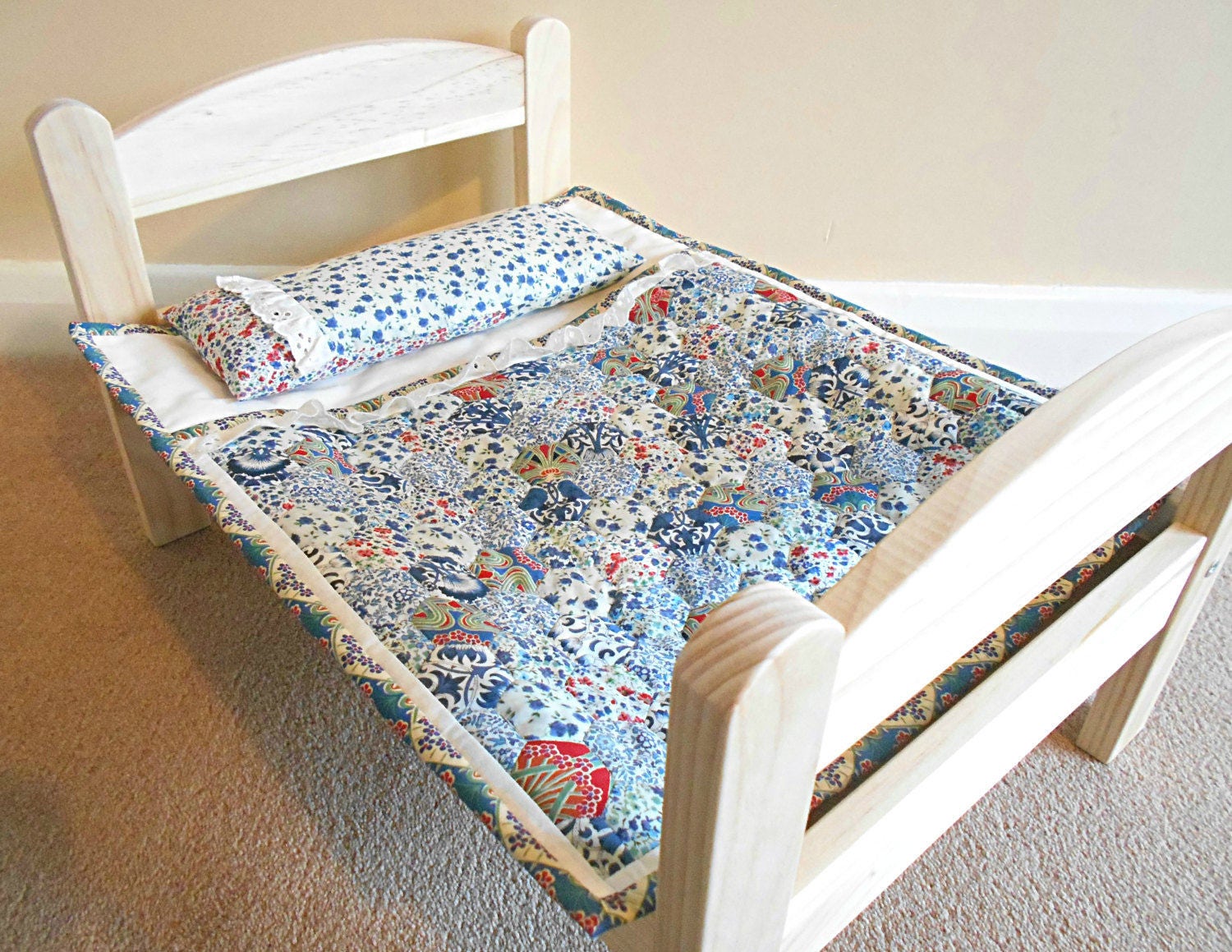 Liberty handmade patchwork dolls quilt sleeping bag and pillow