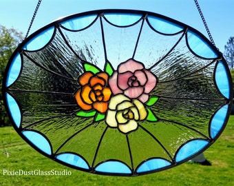 Beautiful Stained Glass Panel, Pastel Rose Cluster, Oval Shaped Stained Glass Window, Suncatcher, Floral, Shabby Chic, Cottage Style