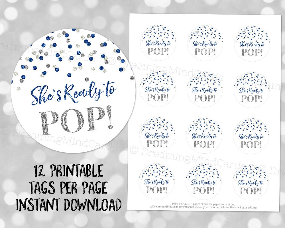 Printable She's Ready to Pop Round Favor Tags Navy Blue