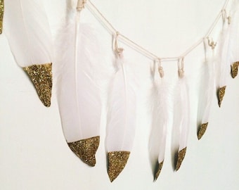 Gold Dipped Feather Garland | White