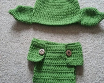Cute crochet baby yoda hat & diaper/nappy cover preemie to 12 months