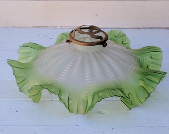French Art Deco Glass Lamp Shade, Green and White Glass Pendant Lampshade, Hanging Glass Shade, Vintage Lighting, Vintage French Home Decor