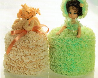 PDF 1960s Kitsch Victorian Frilly Toilet Doll Knitting Pattern Lacy Dress Bonnet Home Decor, groovy, toy, retro keepsake Toilet Roll Cover