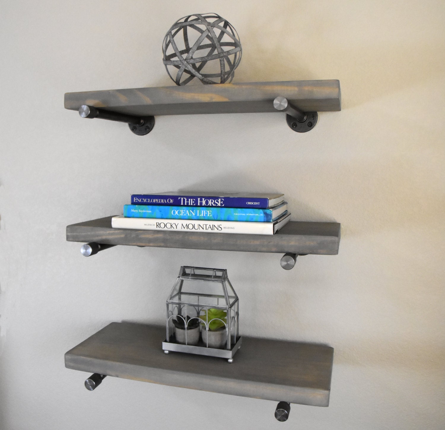 10 Gray Industrial Floating Shelf with pipe brackets