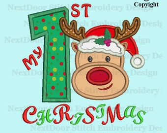 First Christmas embroidery design, reindeer face 1st xmas number 1-9 selection, chrs-145-1
