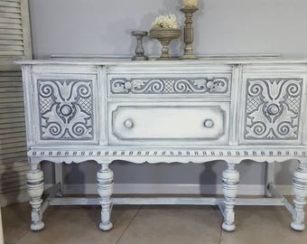 Antique Bernhardt/ J.B. Sciver Jacobean Buffet, Server, Sideboard Hand Painted in Layers of Gray and White Over Graphite