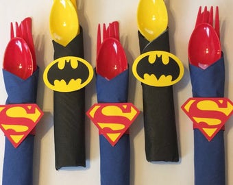 SuperHero wrapped utensils with napkin ring/batman/superman/ superhero