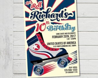 Roller Skate Invitation Roller Skating Birthday Party Invite USA America Vintage Retro Roller Derby Design Digital File Supplied