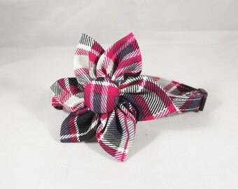 Plaid Cat Collar, Kitten Collar, Breakaway Cat Collar, Hot Pink cat collar, gray cat collar, bell & collar flower or Bowtie included