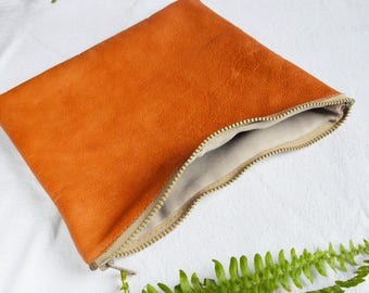Leather zipper pouch - orange and white leather purse - small leather bag - clutch bag