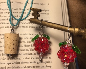 Combo Trunk - Dirigible Plum Earrings **Red Iridescent Color** and Luna Lovegood inspired Cork Necklace