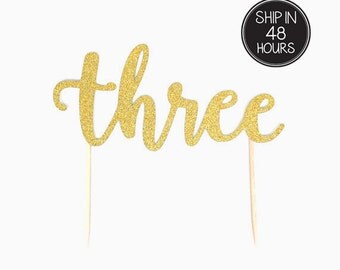 1 pc THREE script fonts third birthday party anniversary theme silver gold glitter cake topper