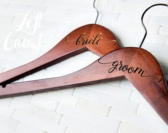 Bride and Groom Hangers Wedding Gift for the Couple Dress Suit Jacket Bridesmaid Maid of Honor Engraved Personalized Wood Quick Ship