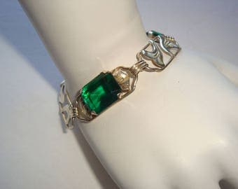 Sterling and Emerald Green Rhinestone Link Bracelet