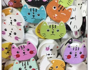 15 or 30 Cat buttons, wood buttons novelty buttons scrapbooking sewing crafts, 20 mm 3/4" assorted colors painted face buttons wooden kitten