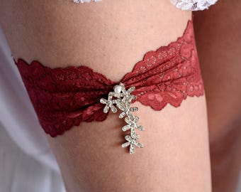 Wine Wedding Garter, Rhinestone Garter, Lace Garte Set, Bridal Garter, Boho Bridal Gift, Burgundy Garter Lace, Lingerie Garter, Toss Garter
