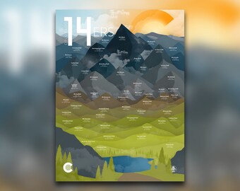 Colorado Fourteeners - 14ers Print - Rocky Mountains, CO - Rockies High Peaks - Hiking Decor Poster - Wall Art Graphic Design