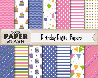 Birthday Digital Paper Pack, Pink, Blue, Boy, Girl, Balloons, Confetti, Banner, Scrapbook Paper, Background, Instant Download Commercial Use