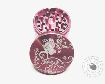 Herb Grinder - Custom Butterfly design on a pink aluminium grinder