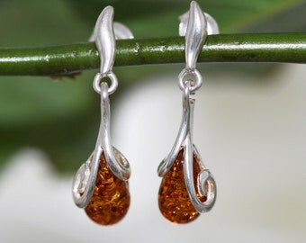 Baltic amber earrings. Sterling silver and cognac amber earrings.