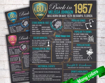 Personalized 60th Birthday Chalkboard Poster Sign, Birthday Poster, 60 Years Ago Back in 1957 USA Events, Gift, Color Customizable - P040